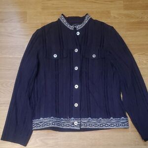Embroidered Trim Navy Button-Front Jacket